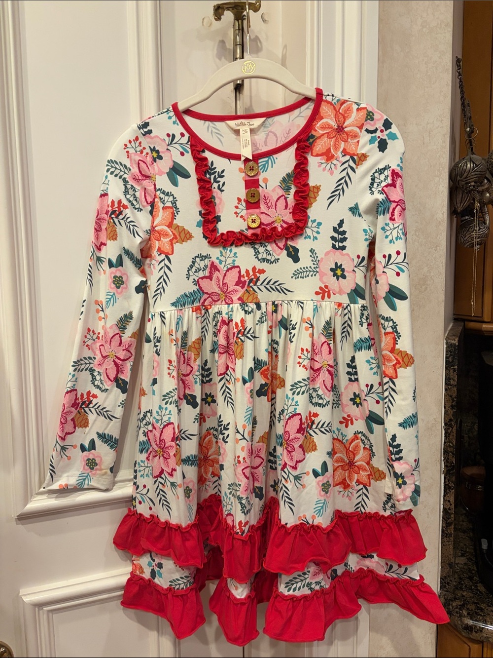 Matilda Jane Floral Ruffle Long Sleeve Dress in White, Pink, Red, Orange, Green